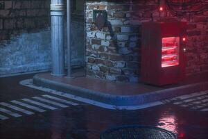 A retro street with vending machines on the side of the road at night, 3d rendering. photo