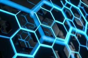 Blue hexagon and glowing lines crossed, 3d rendering. photo