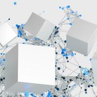 Glowing nodes with white cubes, 3d rendering photo