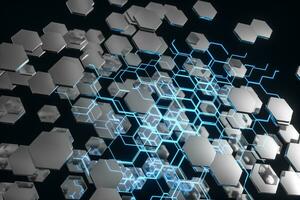 Blue hexagon and glowing lines crossed, 3d rendering. photo