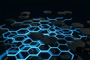 Blue hexagon and glowing lines crossed, 3d rendering. photo