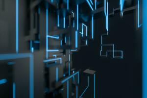 Blue cyber space with crossed glowing lines, 3d rendering. photo