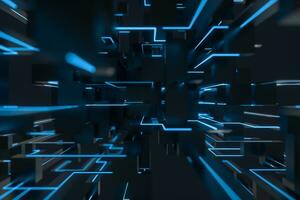 Blue cyber space with crossed glowing lines, 3d rendering. photo