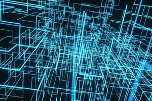 Blue cyber space with crossed glowing lines, 3d rendering. photo