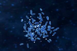 Infectious virus with surface details on blue background, 3d rendering. photo