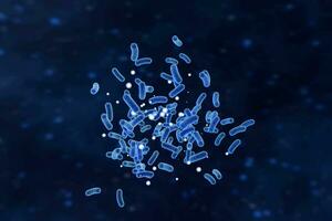 Infectious virus with surface details on blue background, 3d rendering. photo