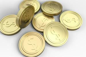 golden currency coins with white background, 3d rendering photo