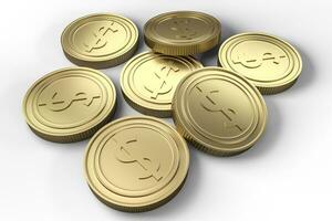 golden currency coins with white background, 3d rendering photo