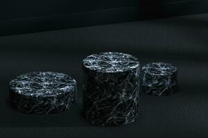 el mármol cilindro plataforma en el oscuro habitación, 3d representación foto
