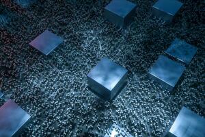 Dark technological lines background with cubes and lines, 3d rendering. photo