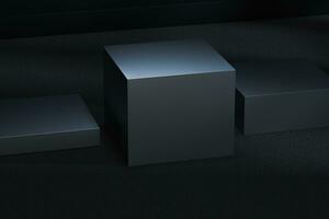 The metal cubic platform in the dark room, 3d rendering photo