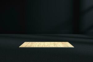 The wooden cubic platform in the dark room, 3d rendering photo