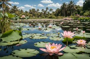 Botanical Photography of a pool in a natural setting, where the surface is adorned with delicate pink lotus flowers and lily pads. photo