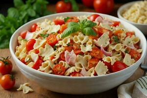 a bowl of pasta salad with farfalle pasta, cherry tomatoes, mozzarella balls, and basil leaves. photo