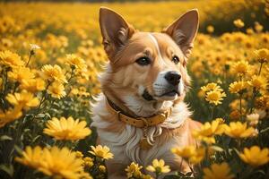 a dog is sitting peacefully in a field of vibrant yellow flowers. AI Generative photo