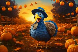 an illustration of a cartoon turkey wearing a blue pilgrim hat with a gold buckle. photo
