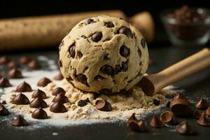 cookie dough ball with chocolate chips on a wooden rolling pin. photo