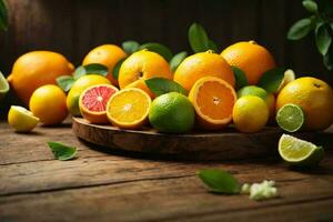 Food Photography of a vibrant collection of citrus fruits, including oranges, lemons, and grapefruits. photo