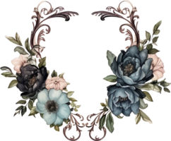 Dark roses floral open wreath made in vintage Victorian gothic style. Dark black rose arrangement. Watercolor flowers. png