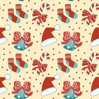 Christmas seamless pattern. Santa s hat, bell, socks, and candy. Vector, flat style. Perfect for textile, wallpaper or print design. vector