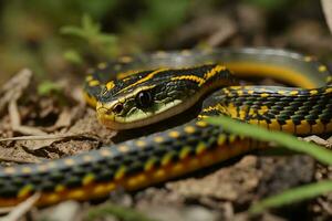 a close-up photo of a Plains garter snake.