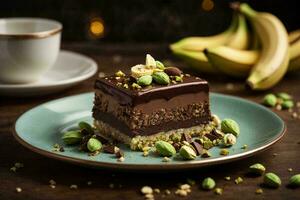 Food Photography of a mouthwatering dessert on a wooden table, with a coffee cup in the foreground. photo