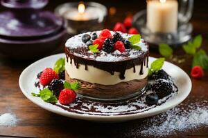 a photo realistic image of a dessert on a plate in a kitchen setting