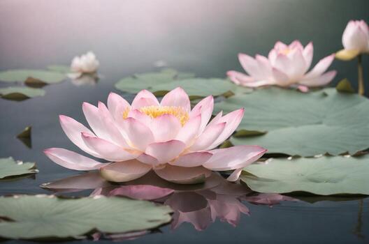 Botanical Photography of a pool in a natural setting, where the surface is adorned with delicate pink lotus flowers and lily pads. photo