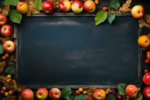 Still Life Photography of a rustic blackboard adorned with an artful arrangement of various fruits and leaves. photo