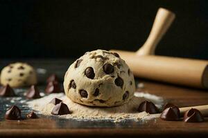 Galleta masa pelota con chocolate papas fritas en un de madera laminación alfiler. foto