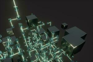 Glowing lines and cubes, technical and scientific background, 3d rendering. photo