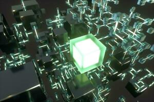 Glowing lines and cubes, technical and scientific background, 3d rendering. photo