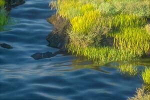 The river between the mountains in a sunny day, 3d rendering photo