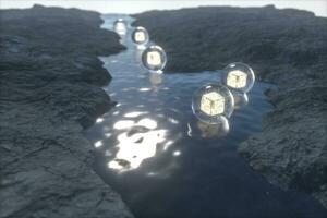 The flowing lantern in the river between the mountains at night, 3d rendering photo