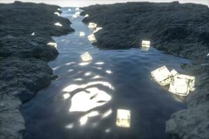 The flowing lantern in the river between the mountains at night, 3d rendering photo