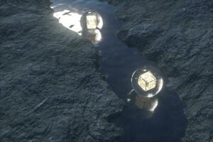 The flowing lantern in the river between the mountains at night, 3d rendering photo