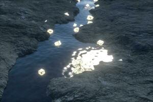 The flowing lantern in the river between the mountains at night, 3d rendering photo