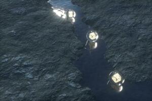 The flowing lantern in the river between the mountains at night, 3d rendering photo