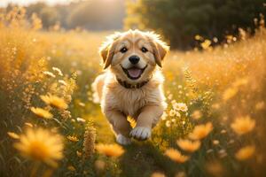 un juguetón dorado perdiguero perrito corriendo mediante un prado de flores silvestres foto