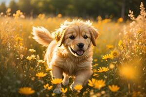 un juguetón dorado perdiguero perrito corriendo mediante un prado de flores silvestres foto