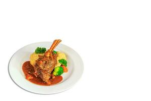 Rack of Lamb Chops to perfection served with roasted potatoes, french beans, cherry tomatoes. Tagliateli Italian cuisine. Free space for your text. photo