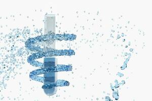 Chemical test tube and splashing liquid, 3d rendering photo