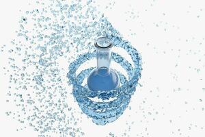 Chemical equipment bottle and splashing liquid, 3d rendering photo