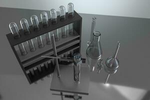 Chemical instruments and reagents in the lab, 3d rendering photo