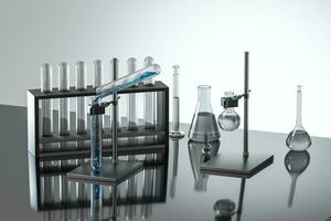 Chemical instruments and reagents in the lab, 3d rendering photo