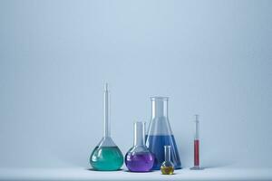 químico instrumentos y reactivos en el laboratorio, 3d representación foto
