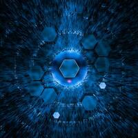 Hexagon cube with dark background, surrounded by glowing lines, 3d rendering. photo