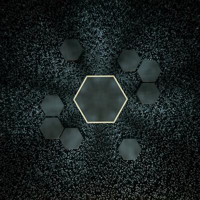 Hexagon cube with dark background, surrounded by glowing lines, 3d rendering.