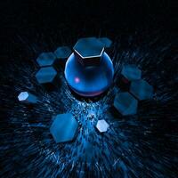 Hexagon cube with dark background, surrounded by glowing lines, 3d rendering. photo