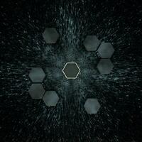 Hexagon cube with dark background, surrounded by glowing lines, 3d rendering. photo